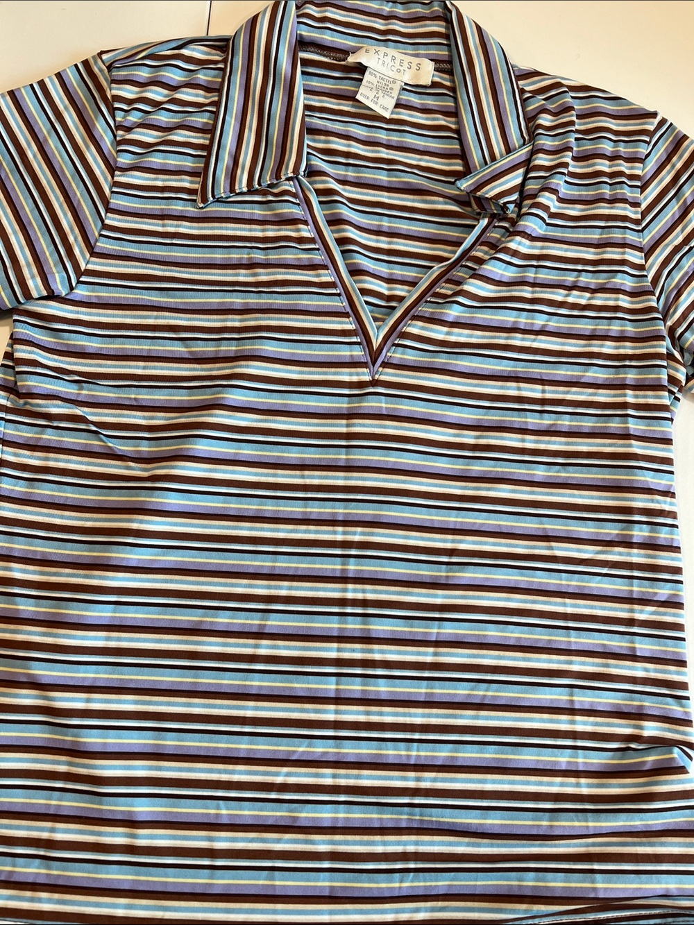Express Tricot - M, Y2K, Striped Collared, Vneck in Blue, Puple, Brown Stripes